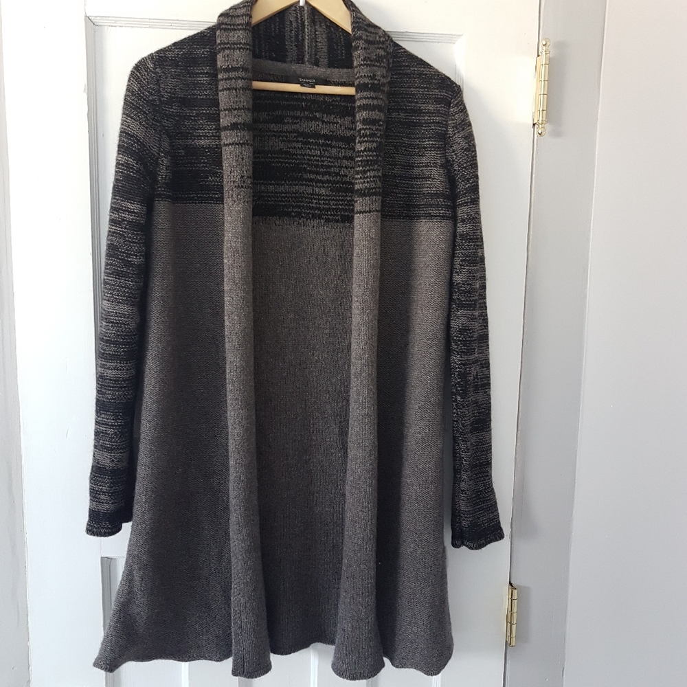 Tahari Wool Yak Blend Open Front Long Line Knit Cardigan Color Block Brown  Sz M